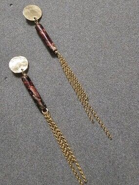 Gold Tassel Drop Earrings with Brown Marbled Bead